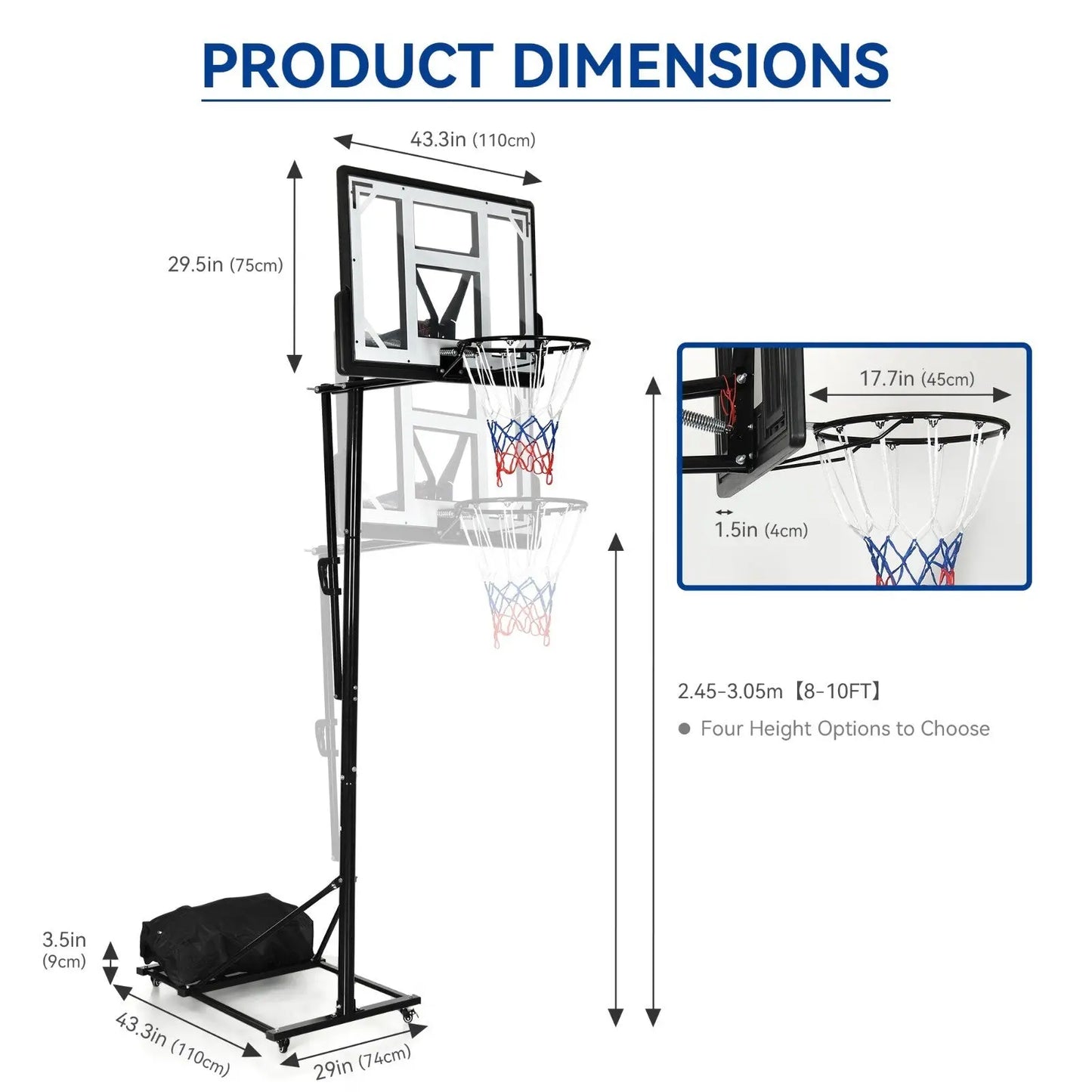 Portable Basketball Hoop System 8-10 FT Adjustable w/Weight Bag Wheels Outdoor - DWVO