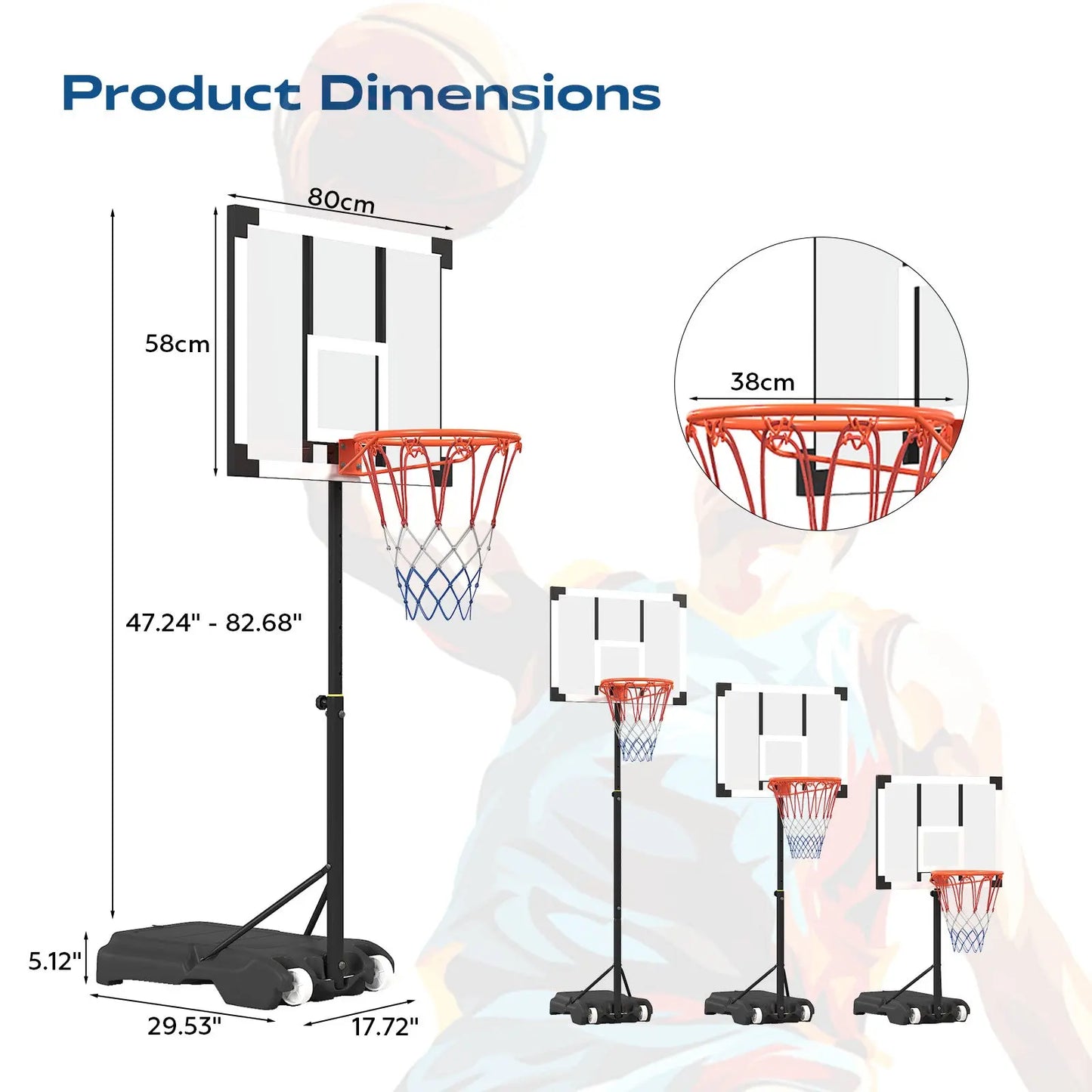 Danrelax Pool Basketball Hoop, Height Adjustable 3.9" to 6.9", Black Steel Frame - Danrelax