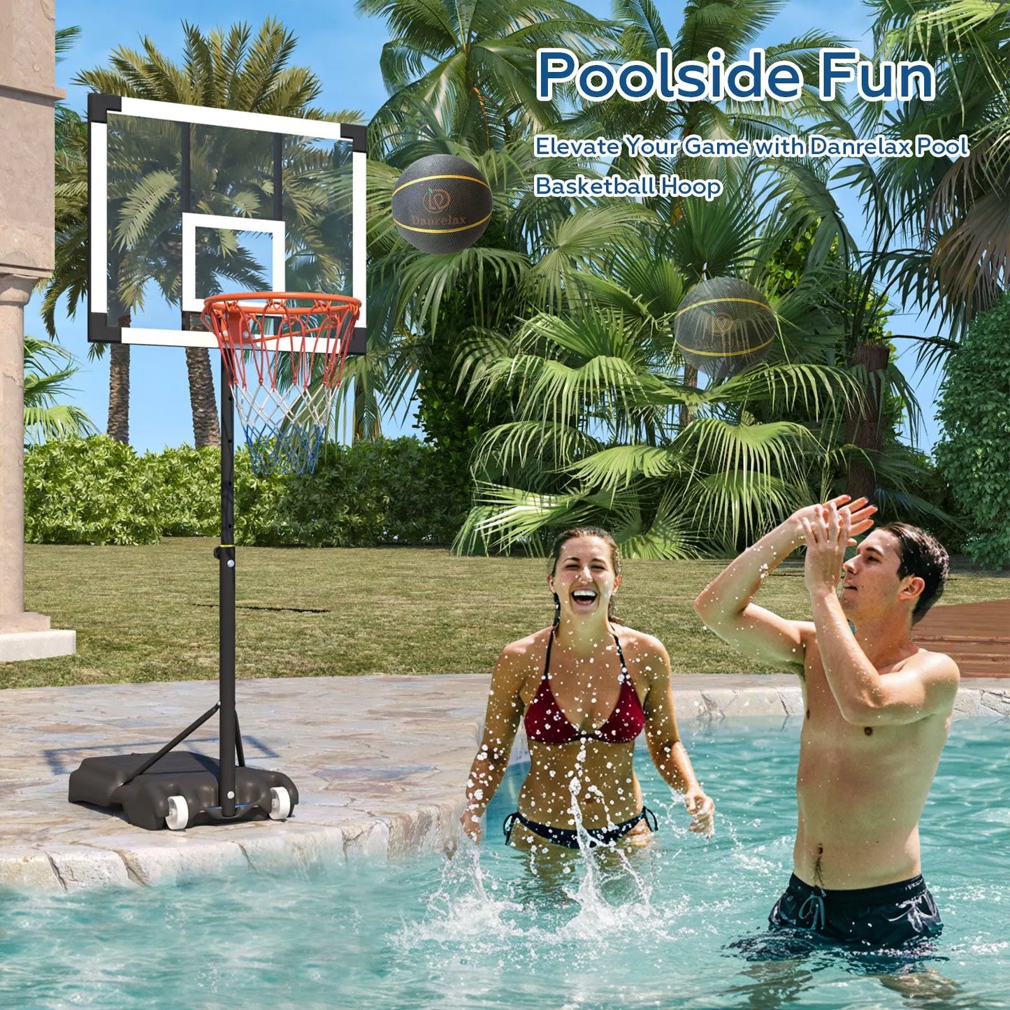 Danrelax Pool Basketball Hoop, Height Adjustable 3.9" to 6.9", Black Steel Frame - Danrelax