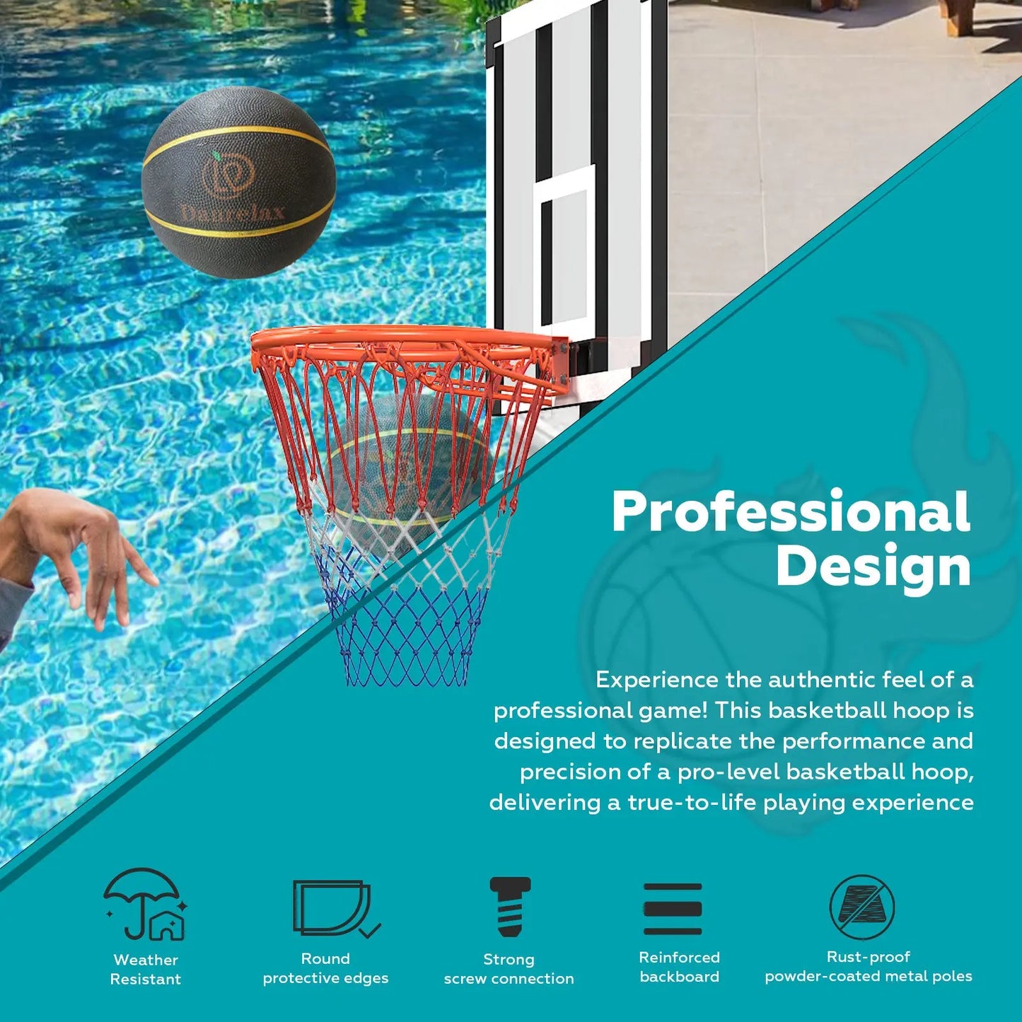 Danrelax Pool Basketball Hoop, Height Adjustable 3.9" to 6.9", Black Steel Frame -  Danrelax